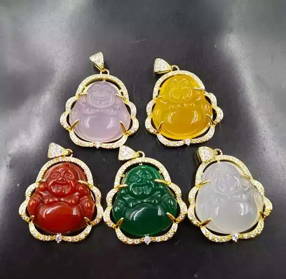 

Latest new Jialin jewlery green jade red pink white agate laughing buddha iced out diamond pendant necklace
