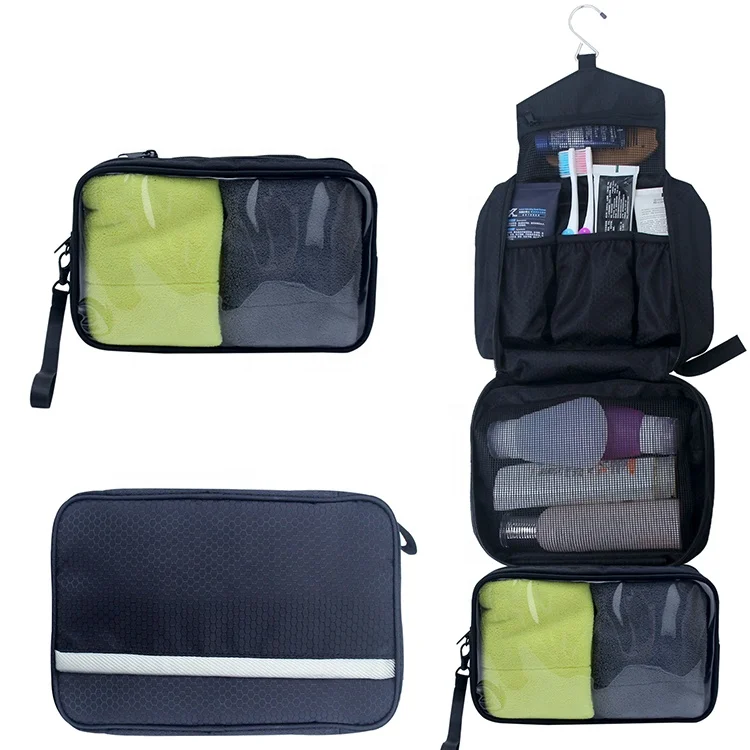 

Wholesale Custom Black Polyester Travel Expandable Hanging Hook Toiletry Makeup Cosmetic Bag