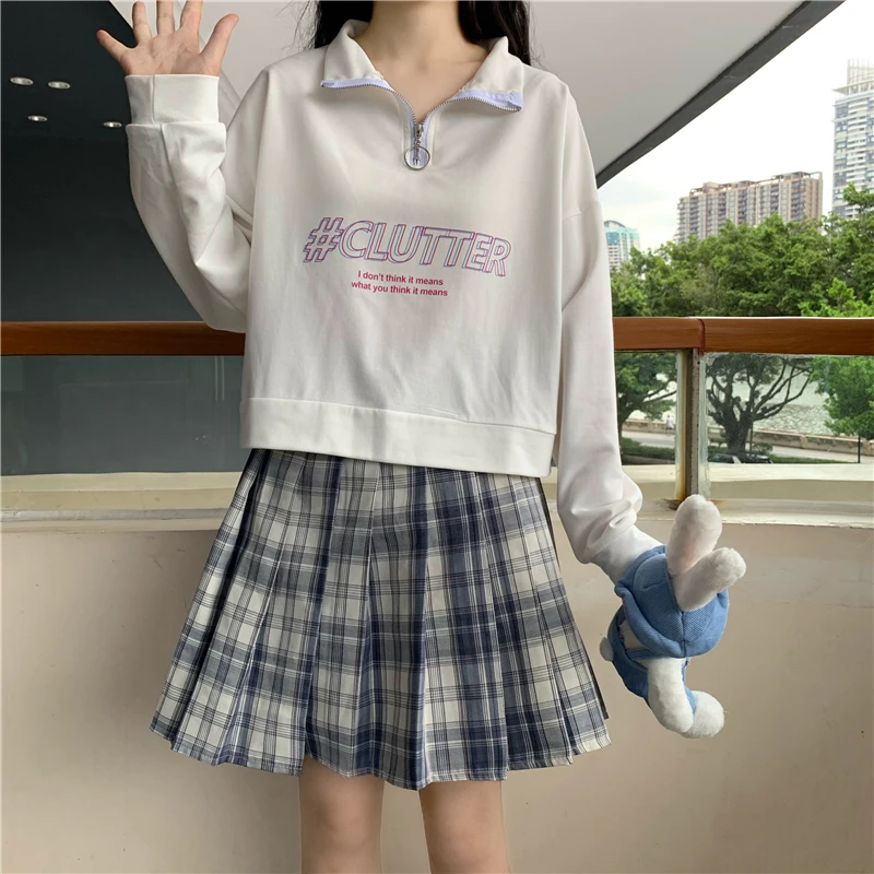 

Spring and Autumn Thin Short Sweater Female Student Print High Neck Streetwear Loose Zipper Long Sleeve Jacket T-shirt