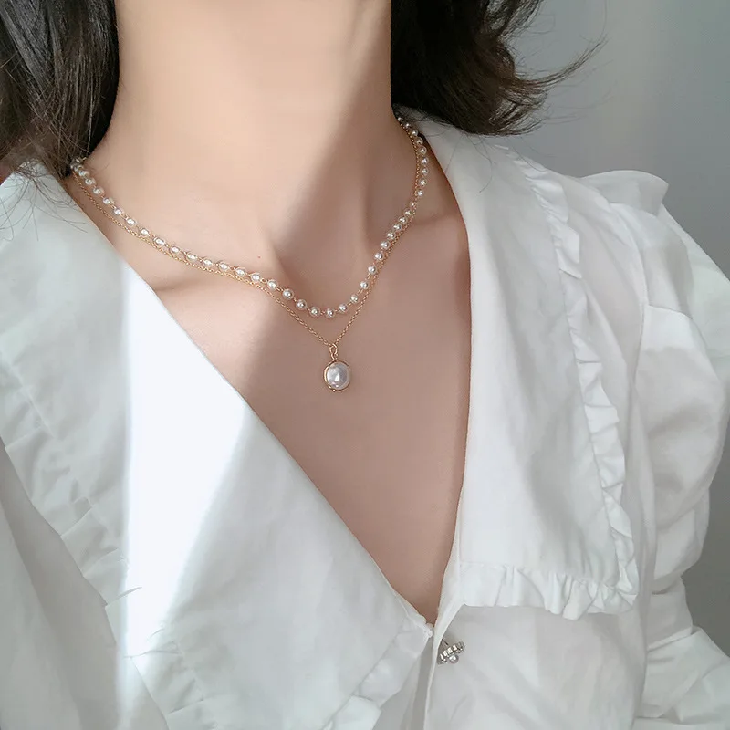 

Retro simple double layer pearl beaded necklace tide clavicle chain short neckband neck jewelry