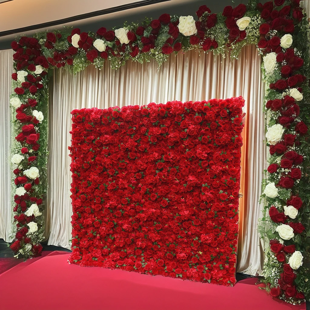 V119 Customized 3D Roll up Artificial Red Flower Wall Backdrop With Green Leaves Fabric Base  for Home Wedding Wall Decorations
