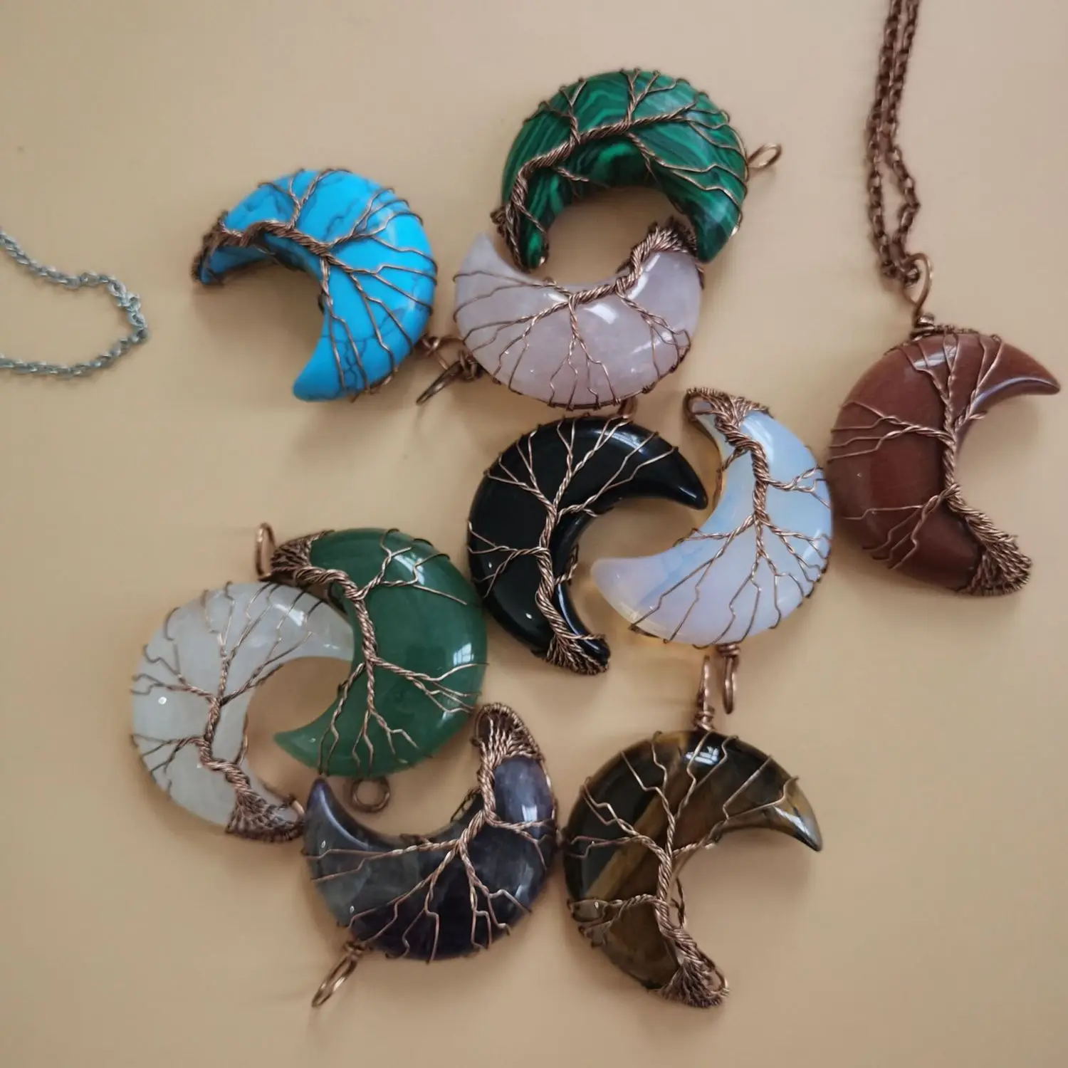 

Artilady Tree of Life Crescent Moon Necklace Copper Wire Wrap Natural Gemstones Pendant Crystals Healing Stones Necklace, As pictures