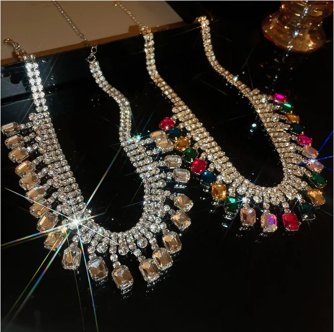 

Exaggerated Square diamond tassel Rhinestone Fringed Choker Necklace for Women Luxury Fashion Weddings Jewelry