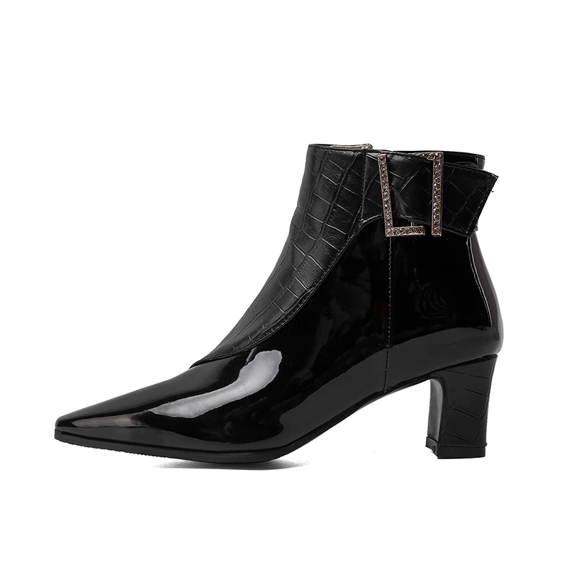 

Fashion Shiny Black Patent Leather Splicing Side Zipper Chunky Heel Women's Ankle Boots, Black/brown