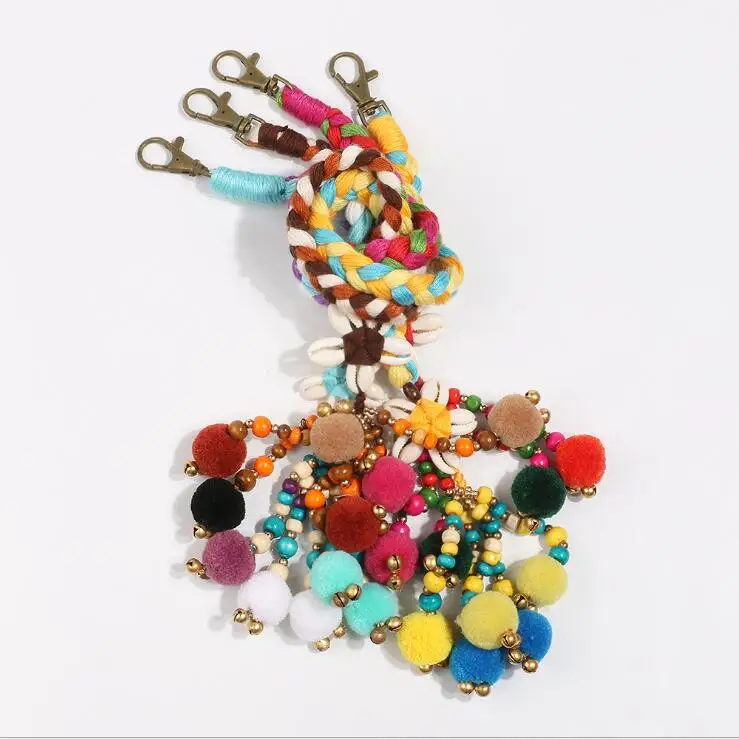 
wholesale boho fur ball drop key chain braid tassel key chain with shell beaded for travel gift 