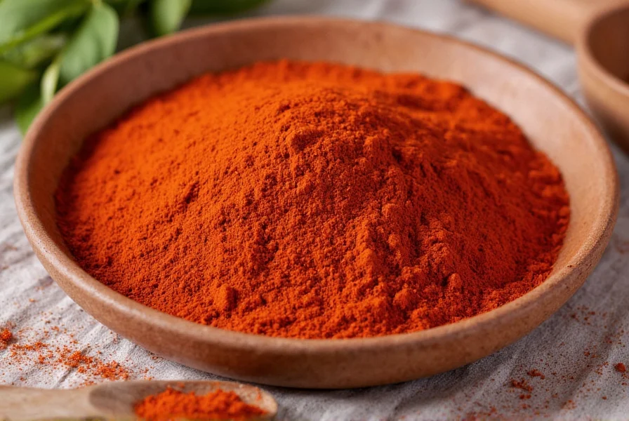 Various spice jars including paprika, chipotle powder, and liquid smoke arranged on wooden table for smoked paprika substitute guide