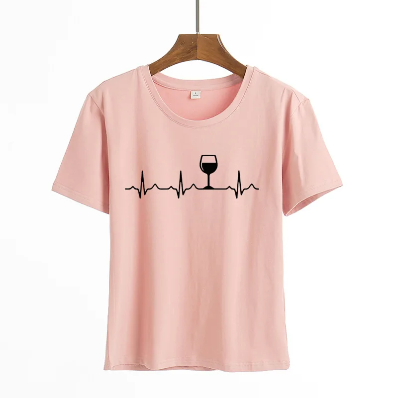 

Wine Heartbeat Print T Shirt Women Short Sleeve O Neck Loose Tshirt 2021 Summer Women Tee Shirt Tops Camisetas Mujer Femme Tops