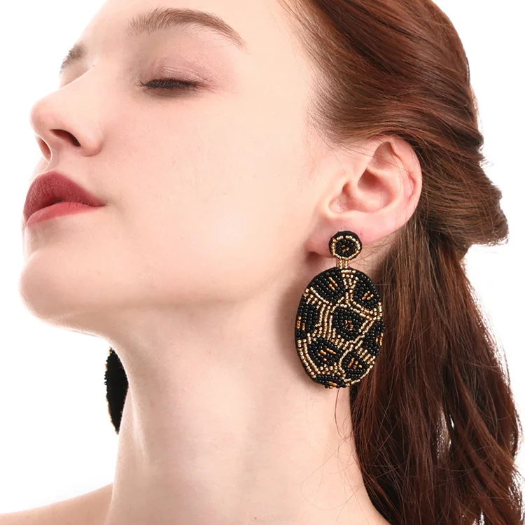 

EG1021 High Quality Dainty Tiny Miyuki Seed Beaded Leopard Oval Shape Drop Earrings