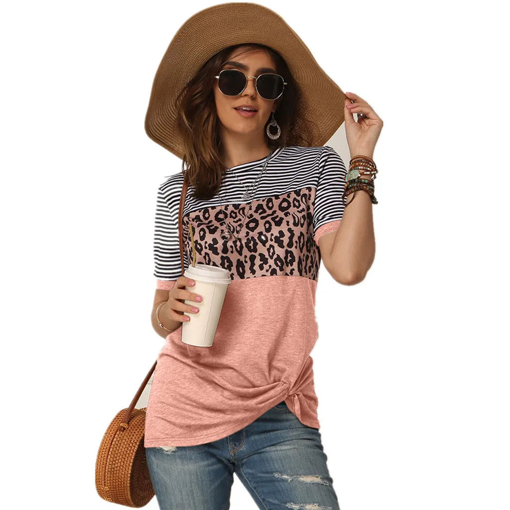 

Wholesale summer women leopard printed striped stitching short-sleeved T-shirt top, Picture colors