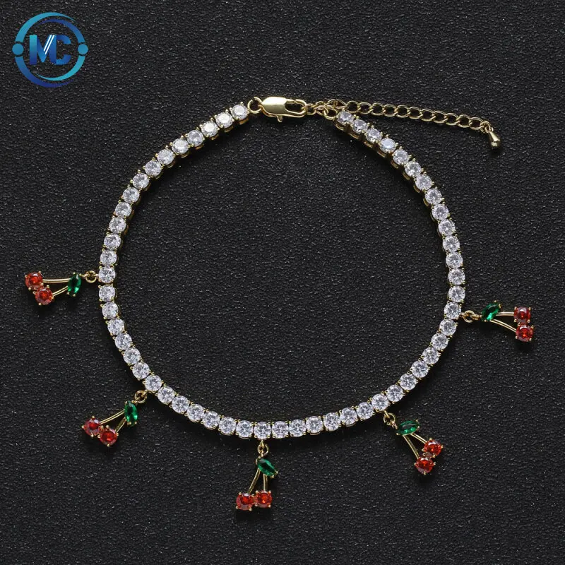 

2021 4mm iced out tennis chain anklet crystal cherry charm anklet women gift