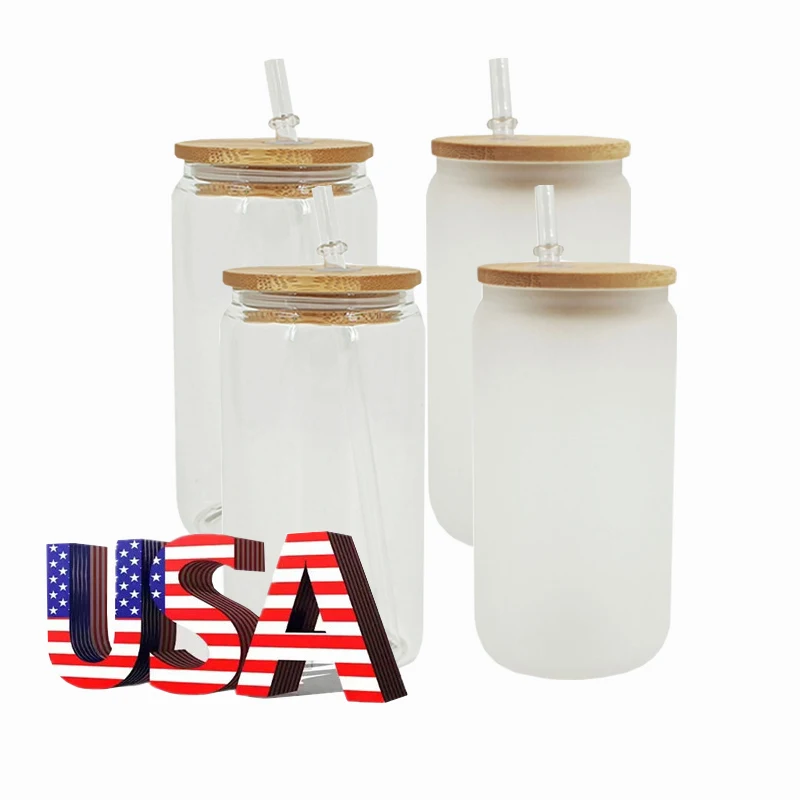 

Mazoho USA Warehouse Amazon 16/12oz frosted Clear sublimation tumbler soda Coffee Milk juice Beer Can Glass with lid and straw, White