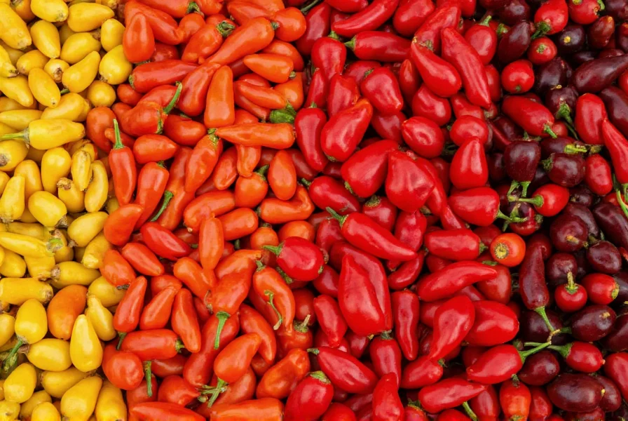 Close-up photography of various chili pepper varieties arranged in a gradient from mild to hot