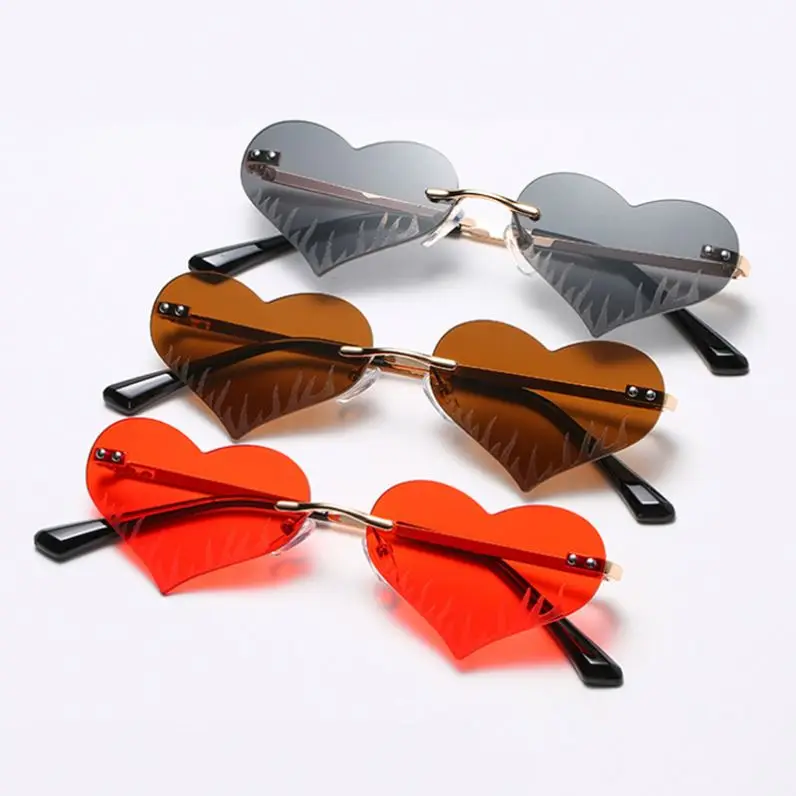 

Fashion Unique Love Heart Shape Flame Pattern Sunglasses Women Vintage Trending Rimless Grey Tea Red Sun Glasses Men