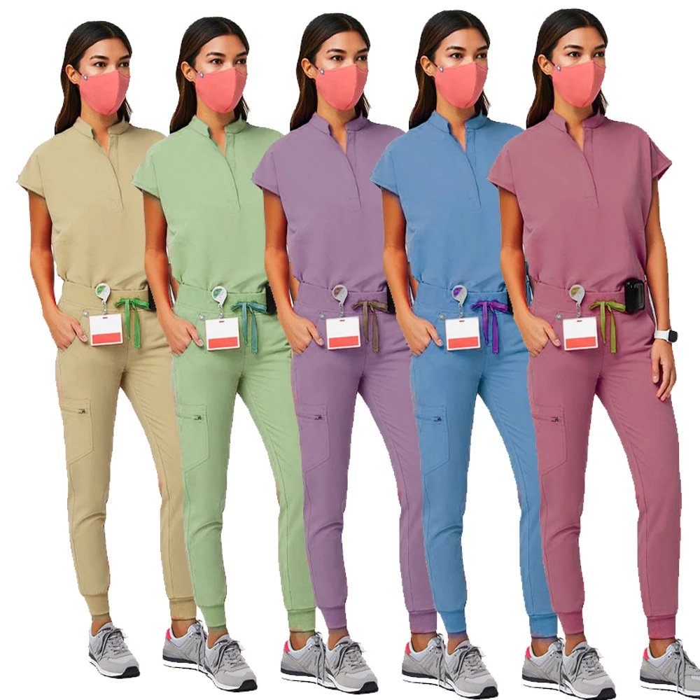 

Custom V-neck Hospital Uniforms Nursing Tops jogger Pants Uniform Women Surgical Nurse Scrub Suits Medical Uniform Short Sleeves, Customized