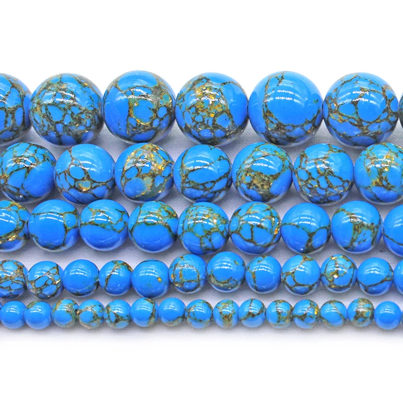 

Wholesale gemstone strands blue turquoise with gold color decorative pattern stone beads for jewelry making (AB1748)