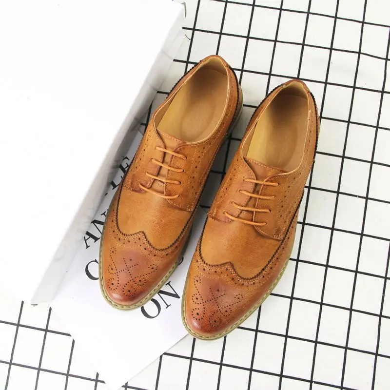 

38-44 Men Business Shoes Pointed Leather Soft Leisure Lace up Moccasions Casual Flat Dress Work Footwear Brogue Shoes