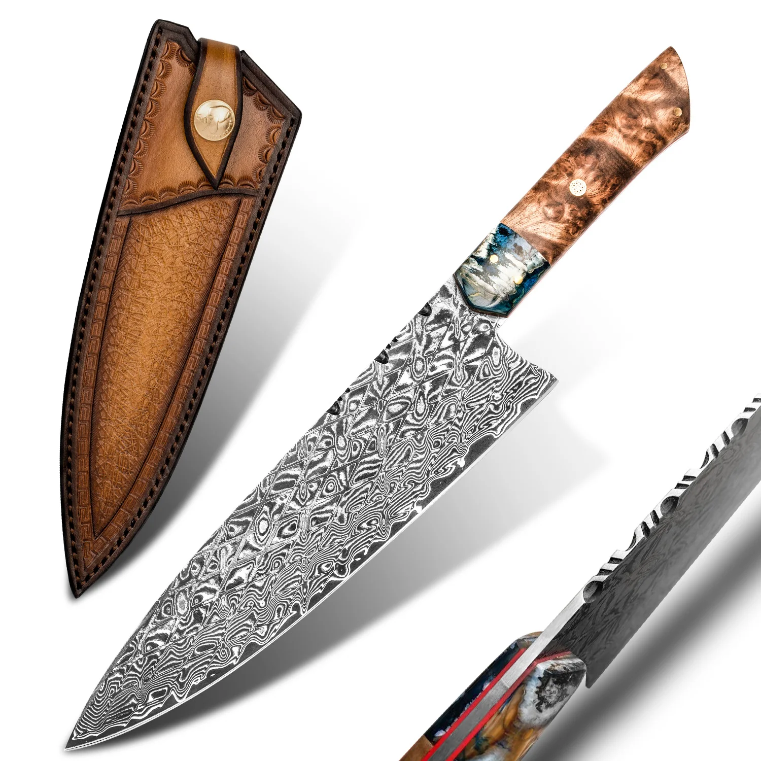

Handmade 8in Burl Stabilized Handle Damascus Stainless Steel Japanese Kitchen Chef Knife