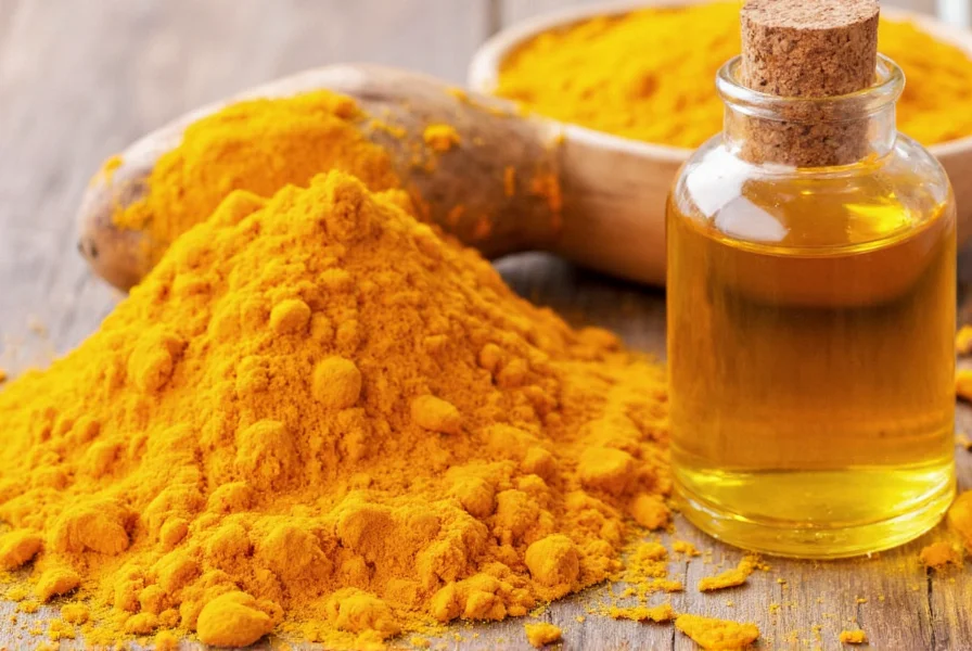 Turmeric rhizomes and extracted turmeric oil in a glass bottle