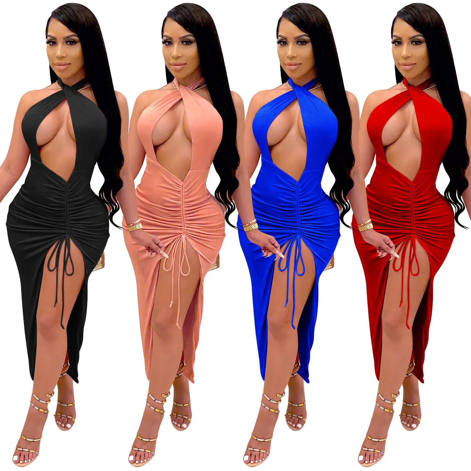 

B53966A New design women sexy hollow out backless fashion high slit sexy dress, Pink/black/blue/red