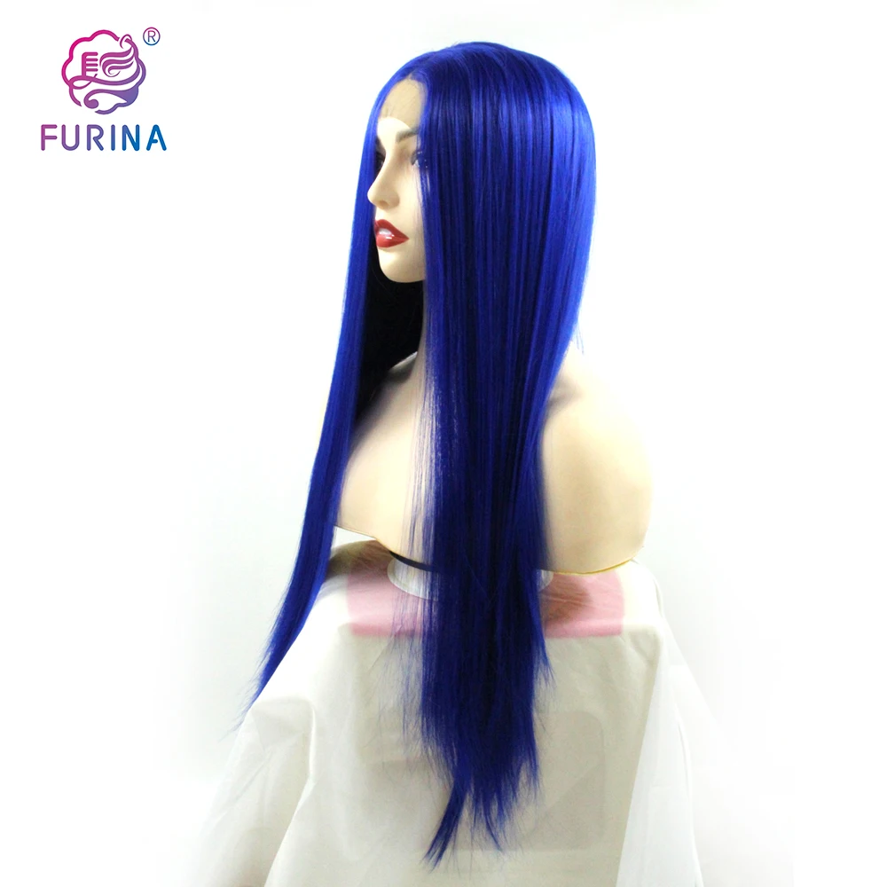 

13*4 Super popular Premium quality 26inch blue long silky straight Korea Synthetic lace front wig