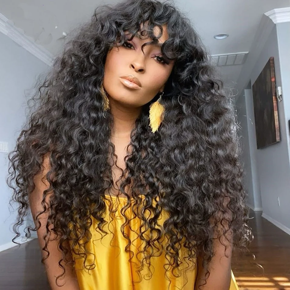 

Free Shipping Water Wave Human Hair Wigs Brazilian Remy Scalp Top Full Machine Made Wig with Bangs 180% for women