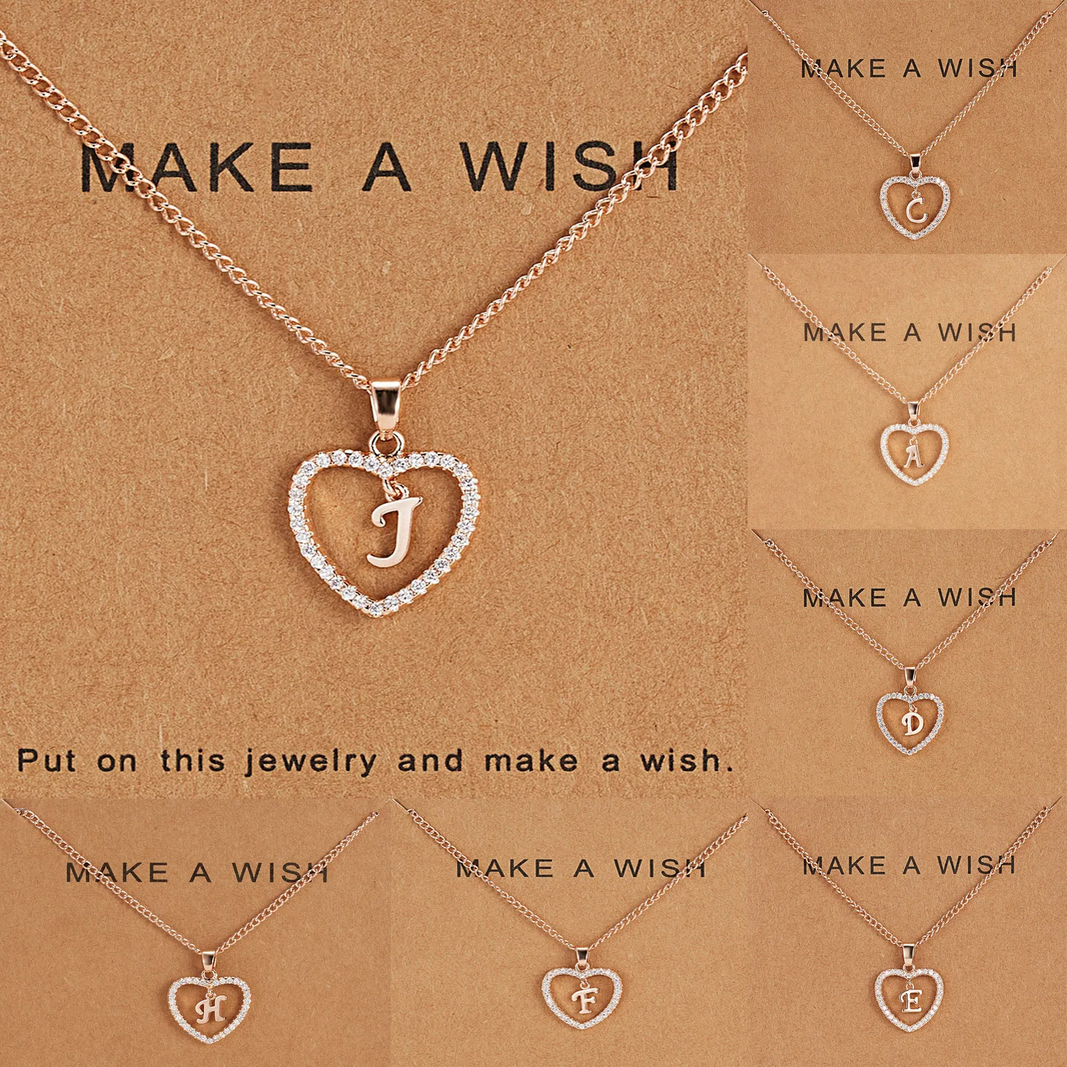 

Personalised Charm Girls Gift Rose Gold Plated Heart Pendant 26 Alphabet CZ Initial Letters Necklace With Wish Card, Same pic