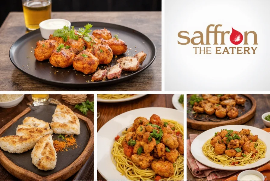 Interior view of Saffron the Eatery showing modern Mediterranean decor with warm lighting and intimate seating arrangements