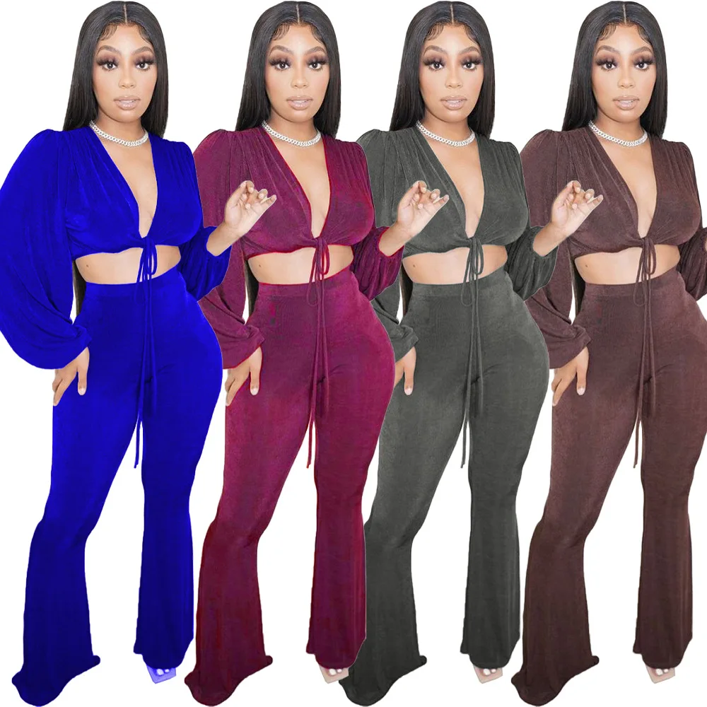 

Fall Winter Velour Two Piece Set Sexy Fashion Casual Loose Women Long Sleeve Crop Top Flare Pants Set Velvet Tracksuit, Picture color