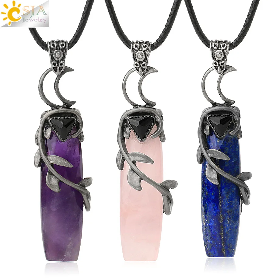 

CSJA hot natural crystal antique silver color leaves winding faceted rectangle stone pendant necklace women men G587