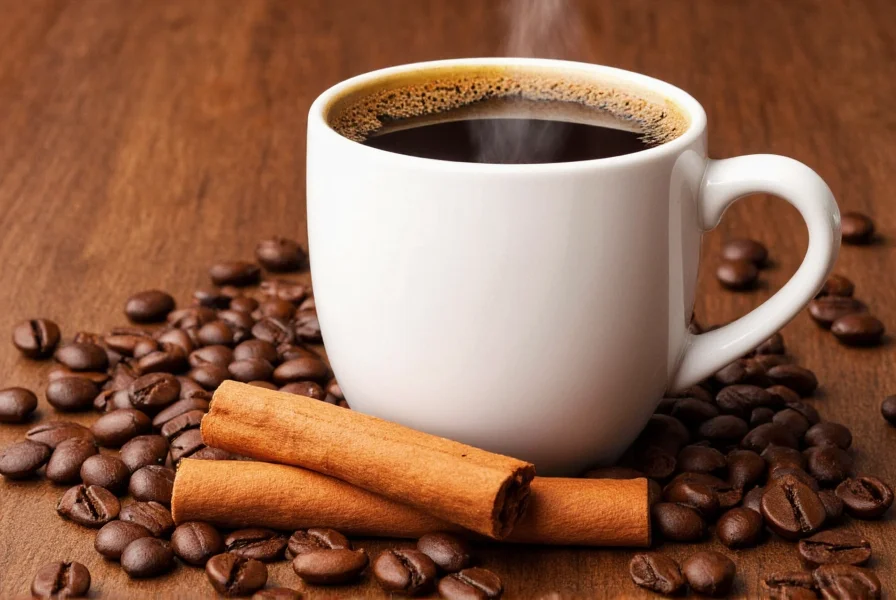 Wooden spoon stirring cinnamon into coffee with cinnamon sticks arranged nearby