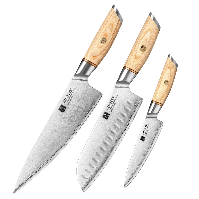 

XINZUO 3PCS New Arrival 3 Layers Composite Stainless Steel Pakka Wood Handle Kitchen Chef Knife Set