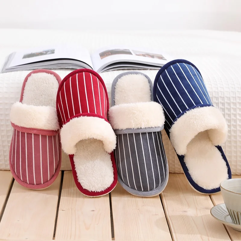 
Stripe Soft Plush Home Slippers Indoor Cotton Shoes Winter Floor Warm Furry Slippers For Women And Men 