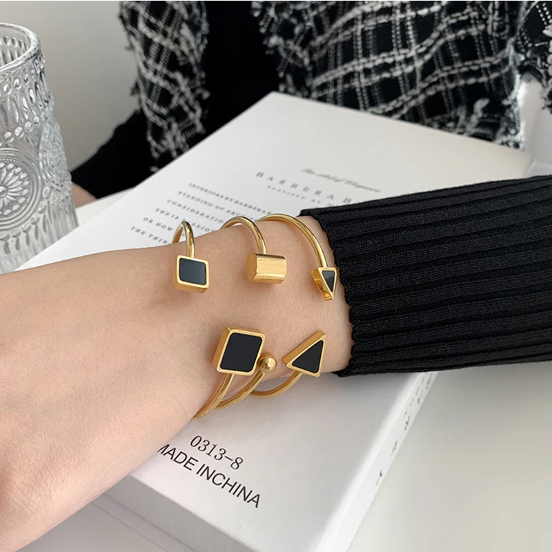 

3 Designs Square Black Shell Bangles Circle Triangle Geometric Bangles for Women Vintage Stainless Steel Jewelry Adjustable, Gold