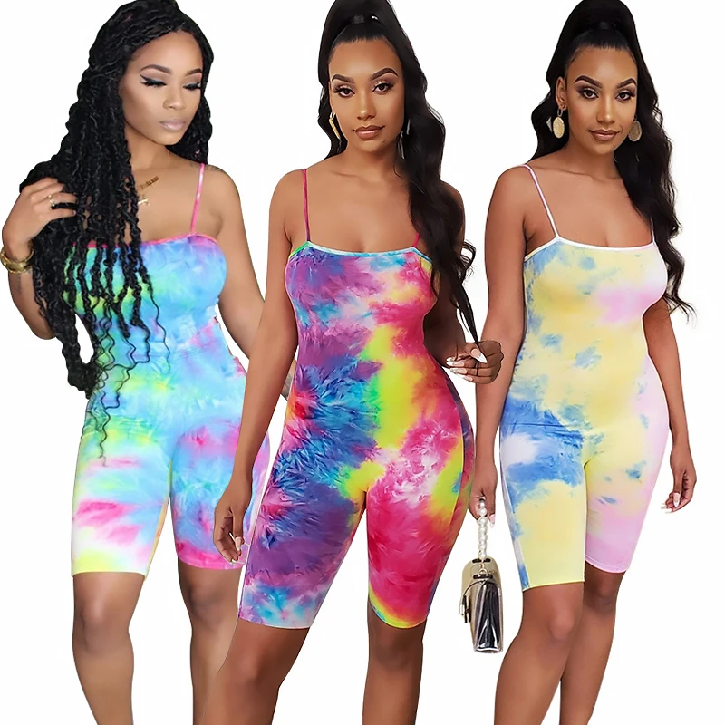 

2021 Summer Women Tie Dye Sexy Club Wear Fashion Ladies Short Jumpsuits And Rompers, Mixed colors