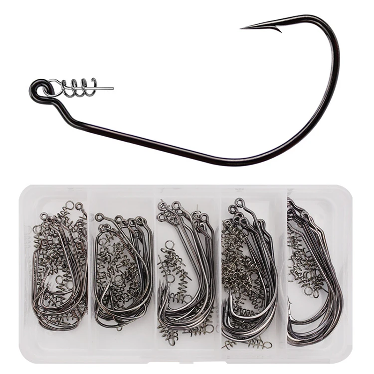 

Wholesale 50pcs High Carbon Steel Texas Rig Fishing Tackle Accessories Soft Lure Worm Single Crank Hook Set With Lock Pin, Silver