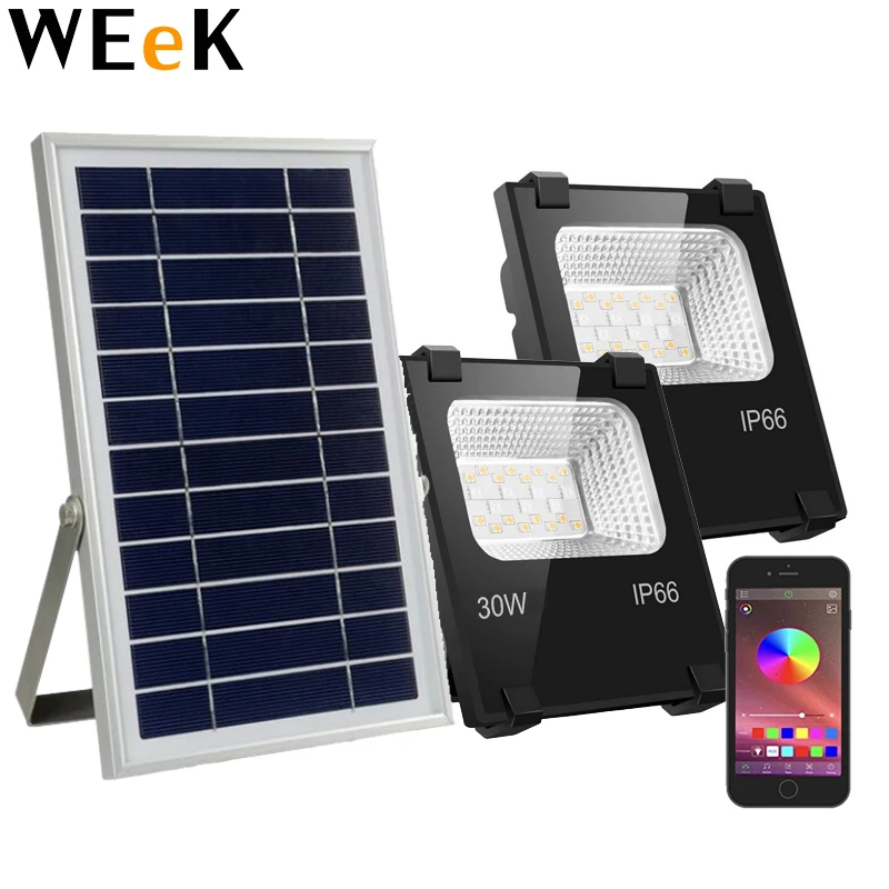 Bluetooth LED Flood Light Solar Power RGBW 30W APP Remote Control Smart House Floodlights IP65 Outdoor LED Spotlight Group Contr
