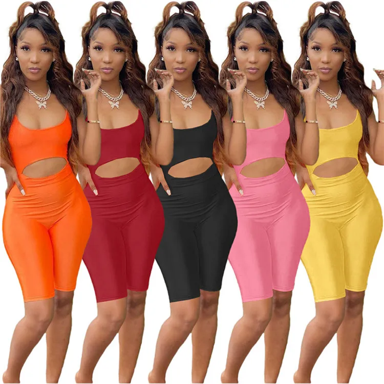 

Sexy Waist Band Cut Out Jumpsuit Rompers Women Clothing Solid Low Neck Sleeveless Backless Bandage Bodycon Clothing Jumpsuits, As picture