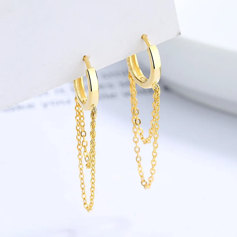 Factory Wholesale Cheap 925 Sterling Silver Plain Long Tassel Chain Dangling Earrings Gold Plated Hoop Earrings for Women