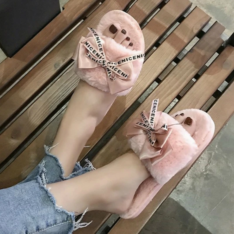 

Faux Fur Warm Shoes 2020 Woman Slip on Flats Women Plush House Home Slippers Cute Bowtie Female furry Slides winter slippers, As pictures