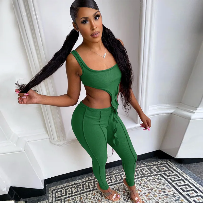 

2020 Sleeveless Solid Irregular Bandage Tshirt Top Leggings 2 Pieces Set Autumn Winter Women Fashion Tracksuit Romper