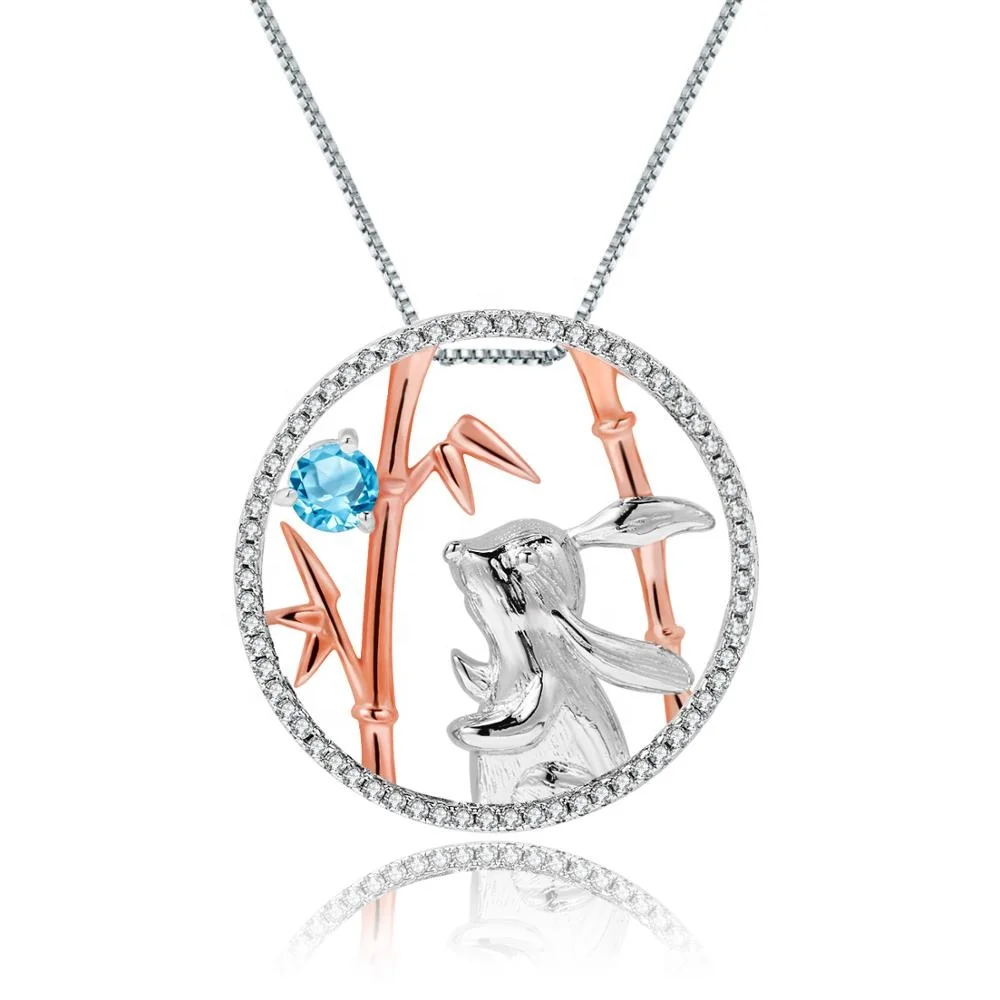 

Abiding Blue Topaz Rabbit Animal Rose Gold Plated Sterling Silver Jewelry Bamboo Pendant Necklace Women