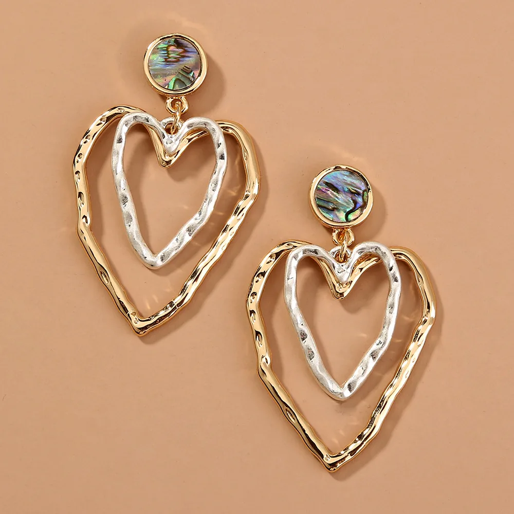 

Kaimei European retro abalone earrings fresh and versatile double-layer hollow love wave round circle heart dangle earrings, Many colors fyi