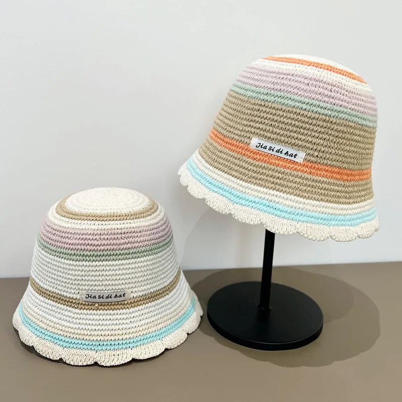 Landfond High Quality Bohemian Seaside Women's Sun Rainbow Straw Hat Crochet Foldable Knit Sun Bucket Hat
