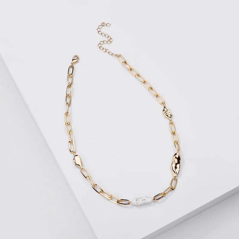 

2020 New Arrival Gold Plated Rectangle Link Chain Charm Necklace Freshwater Baroque Pearl Necklace For Women, Picture color