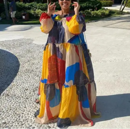 

Summer Loose Holiday 5XL Off Shoulder Printed Africa Women Casual Dress, Blue yellow