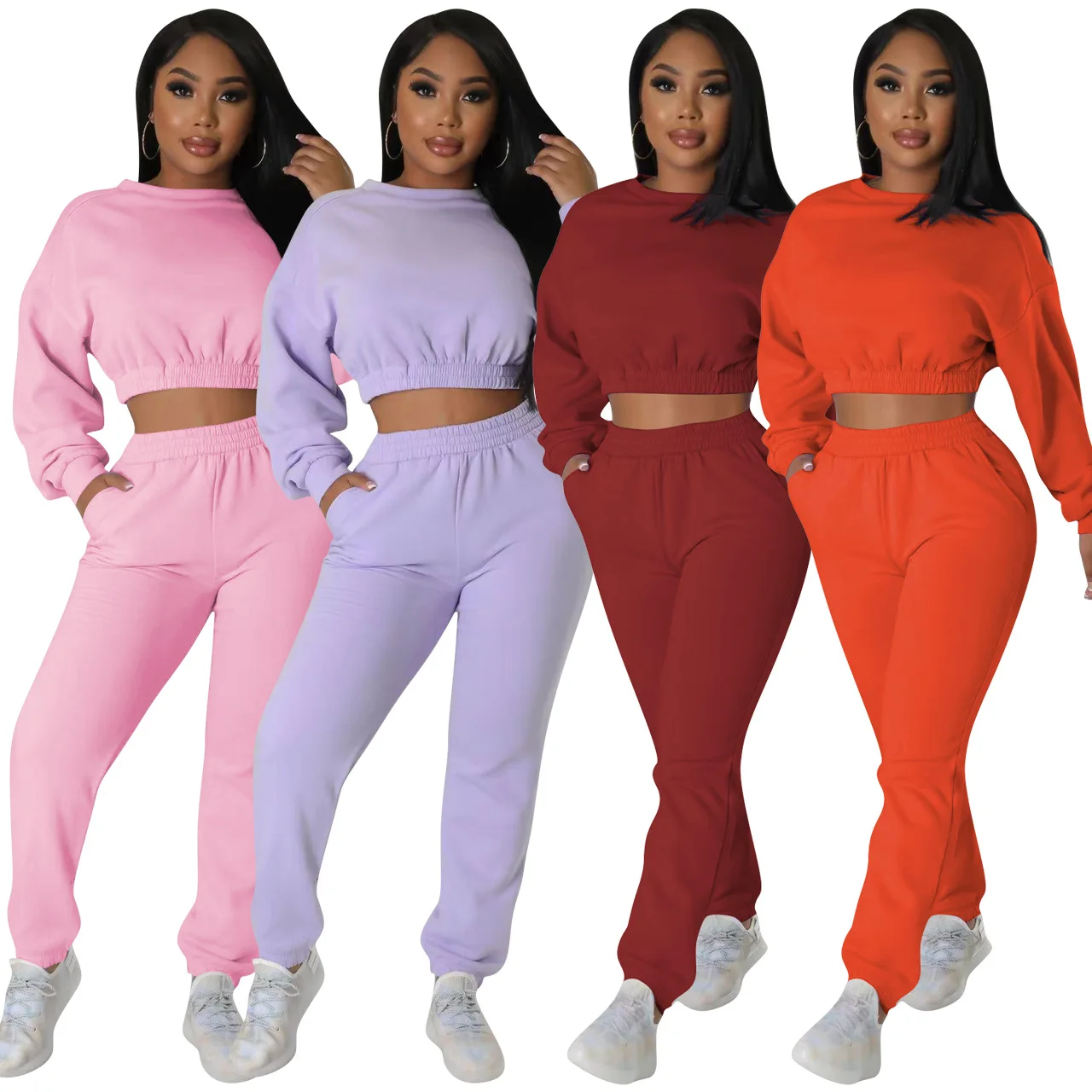 

2024 Spring New Women Clothes Custom Logo Plain Fleece Women Tracksuit Crop Top Women Jogging 2 Piece Sets