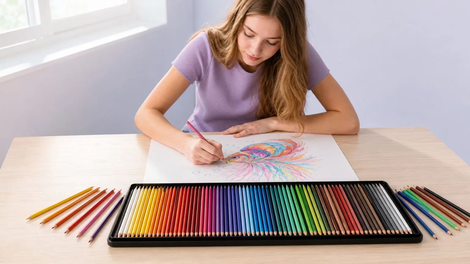 Young woman drawing with colored pencils