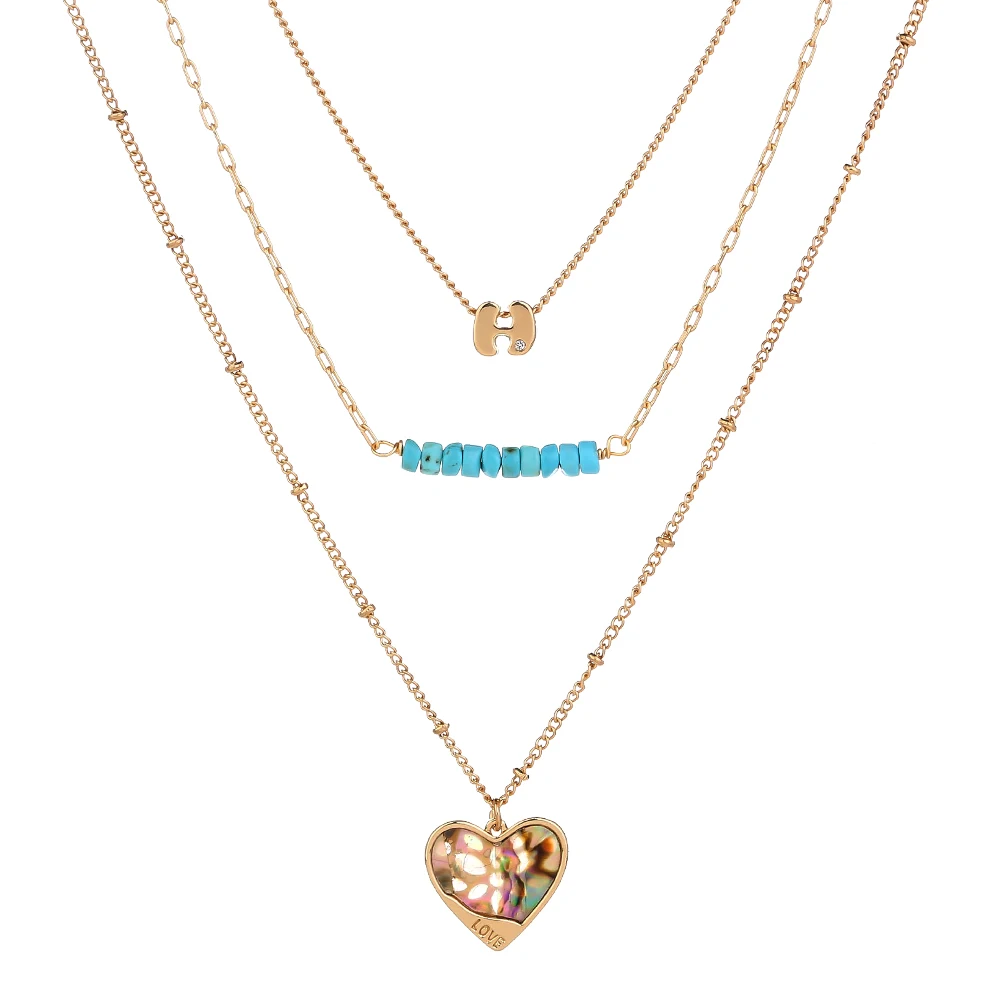 

Heart Natural Abalone Pendant Necklace Gold Letter H Turquoise Three Layer Chain