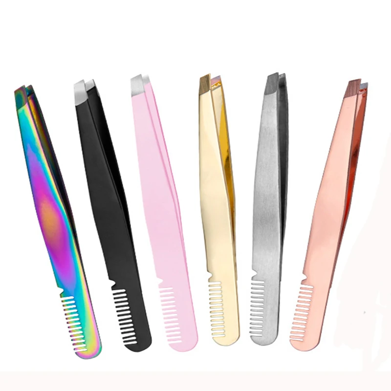 

wholesale Professional Colourful Stainless Steel Slanted Comb Eyebrow Tweezers, Black;blue;red;pink;green;customized