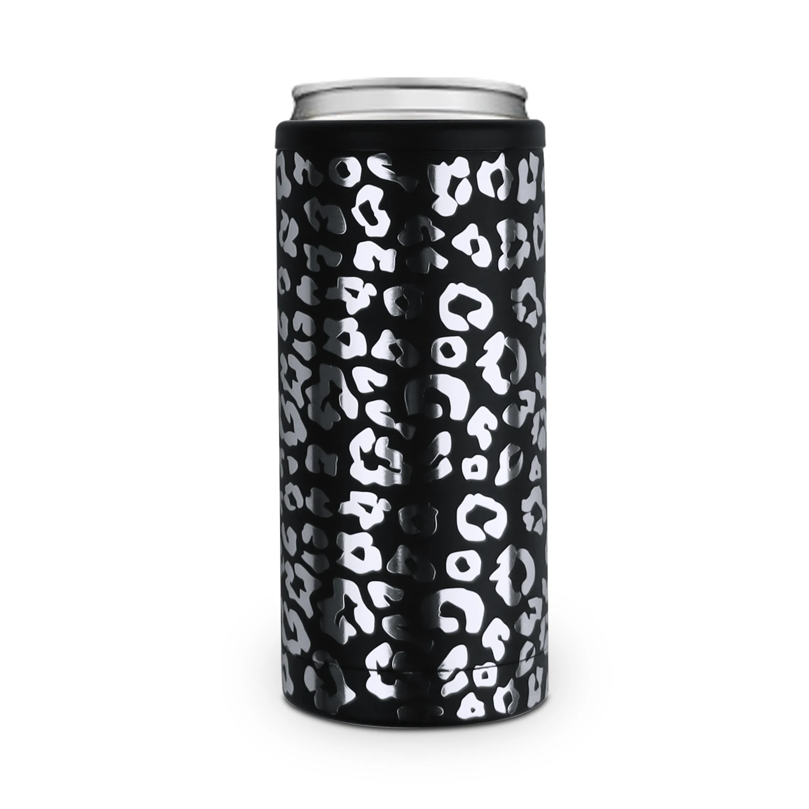 

Black Silver Leopard Print Stainless Steel Tumbler Skinny Can Cooler with Lid DOM111-1175